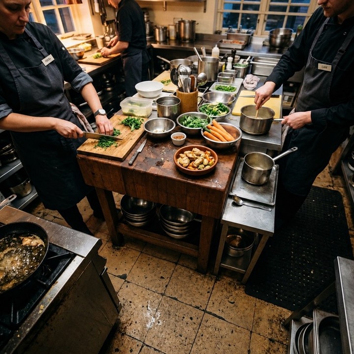 Cooks prepping vegetables and sides in a busy café kitchen
