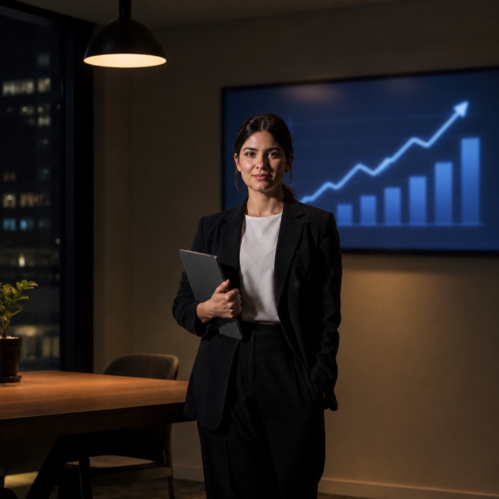 A consultant in her office at night, a rising chart on the screen behind her