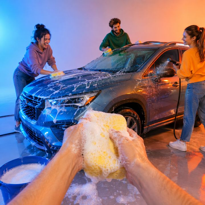 A team hand-washing a car in a bright studio
