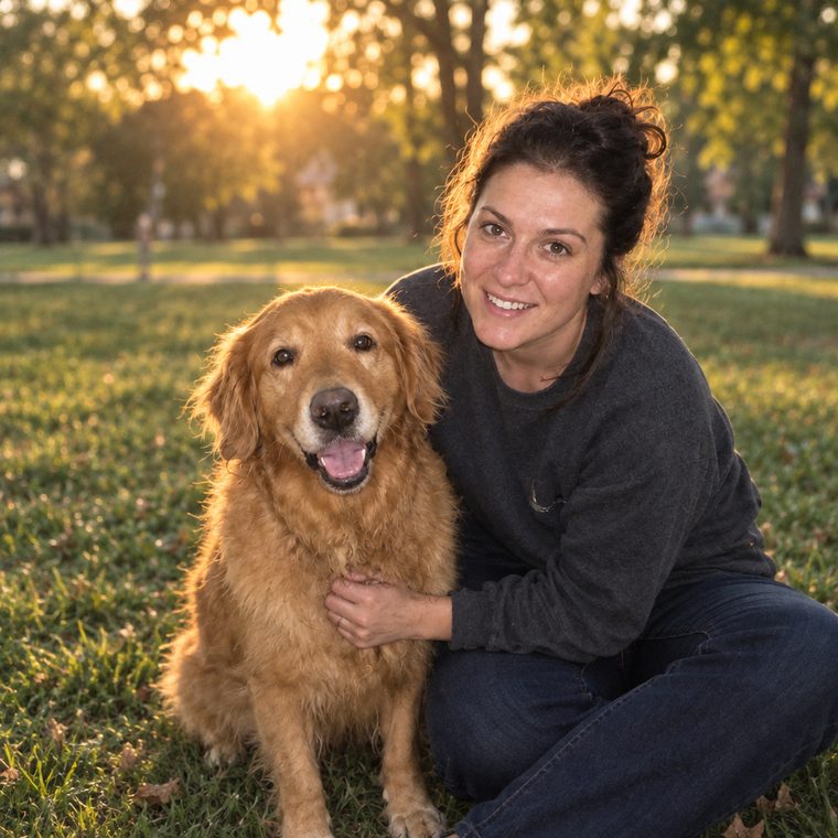 After: the same pair on the grass in a park at golden hour, trees softly blurred behind them