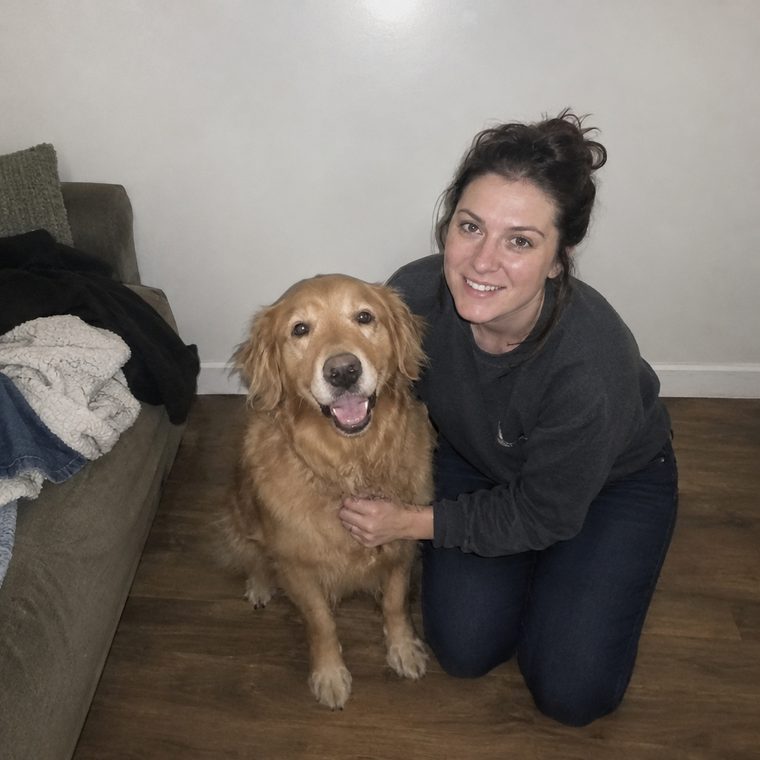Before: a woman and her golden retriever in a living room under a ceiling light